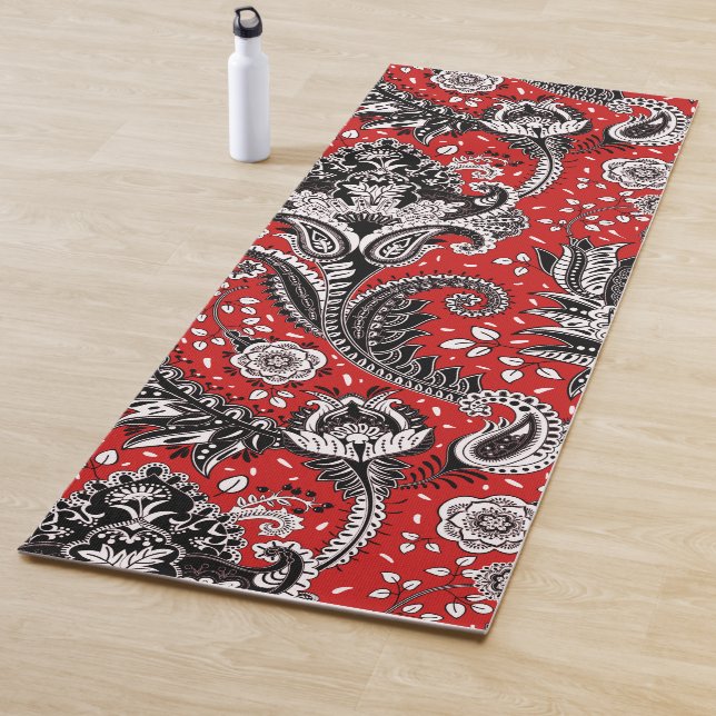 Red Black & White Floral Paisley Bohemian Boho Yoga Mat (In Situ)