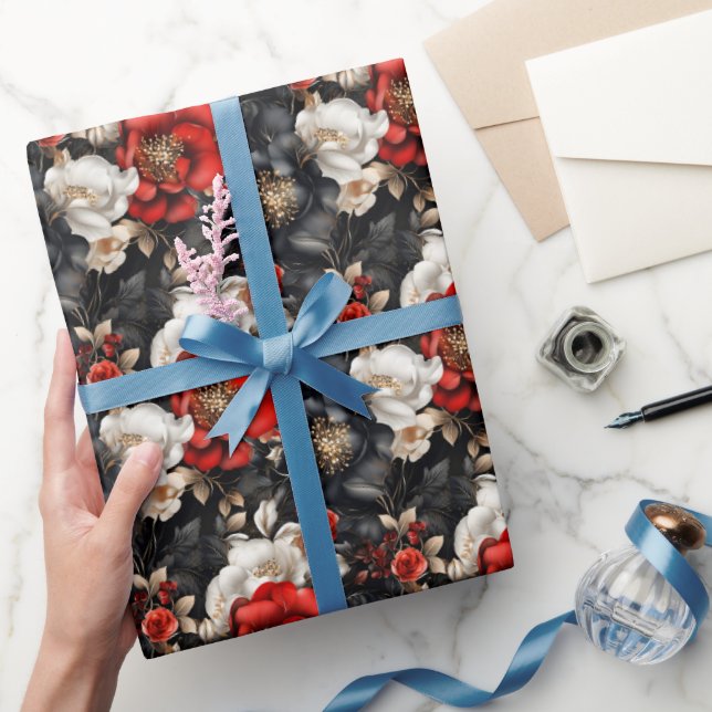 Red, Black & White Floral Wrapping Paper (Gifting)