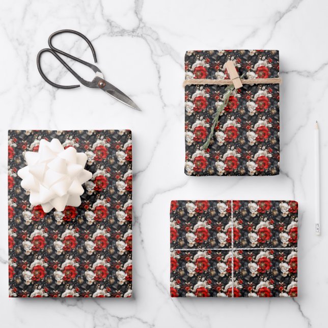 Red, Black & White Floral Wrapping Paper Sheet (Front)