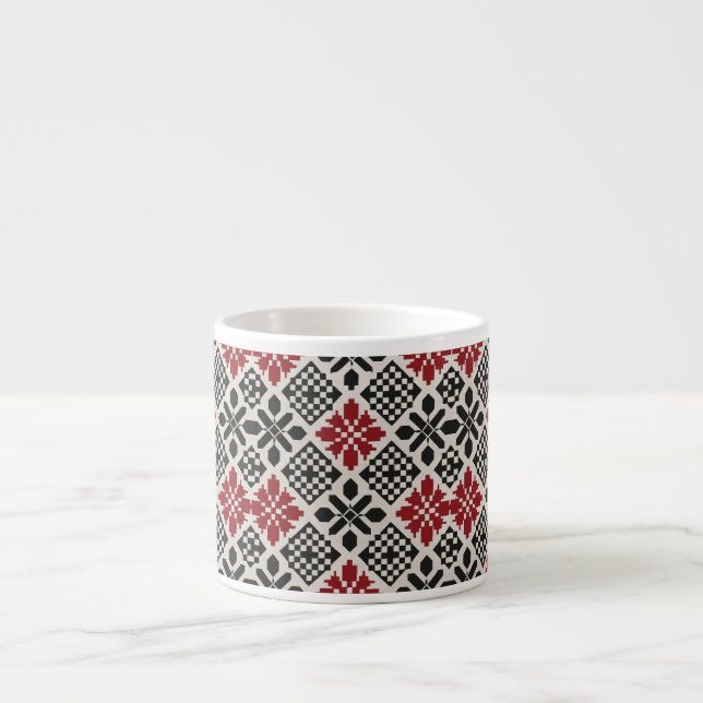 Red Black White Geometric Folk Pattern Espresso Cup (Front)