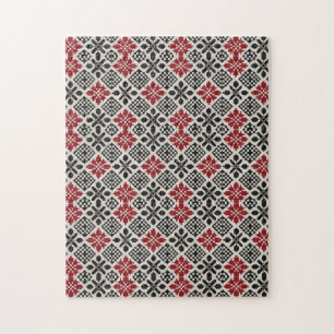 Red Black White Geometric Folk Pattern Jigsaw Puzzle