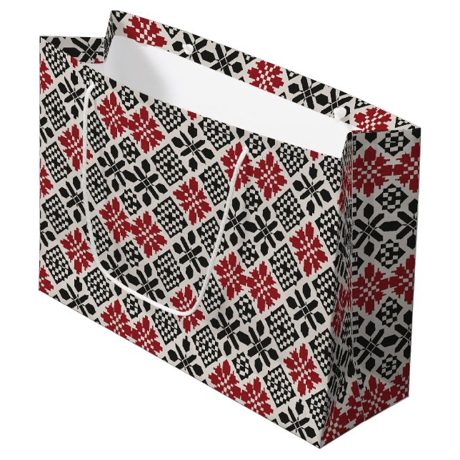 Red Black White Geometric Folk Pattern Large Gift Bag (Front Angled)