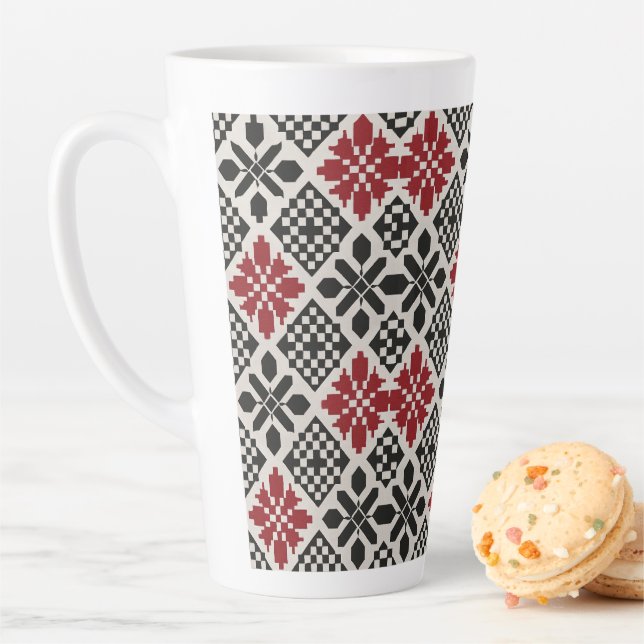 Red Black White Geometric Folk Pattern Latte Mug (In Situ)