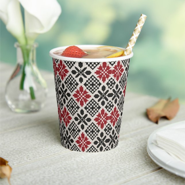 Red Black White Geometric Folk Pattern Paper Cups (Insitu)