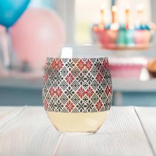 Red Black White Geometric Folk Pattern Stemless Wine Glass