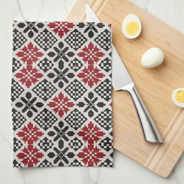 Red Black White Geometric Folk Pattern Tea Towel (Quarter Fold)