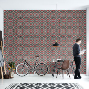 Red Black White Geometric Folk Pattern Wallpaper