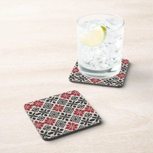 Red Black White Geometric Keffiyeh Folk Pattern Coaster