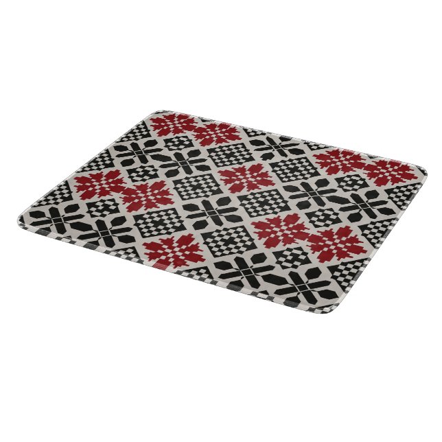 Red Black White Geometric Keffiyeh Folk Pattern Cutting Board (Corner)