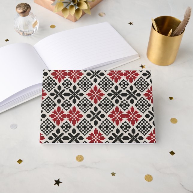 Red Black White Geometric Keffiyeh Folk Pattern Guest Book (Front Open)