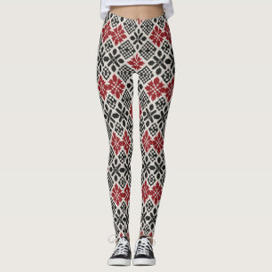 Red Black White Geometric Keffiyeh Folk Pattern  Leggings