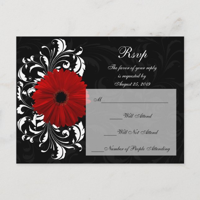 Red+Black+White Gerbera Daisy RSVP Reply Invitation Postcard (Front)