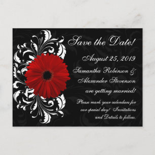 Red+Black+White Gerbera Daisy Save the Date Announcement Postcard