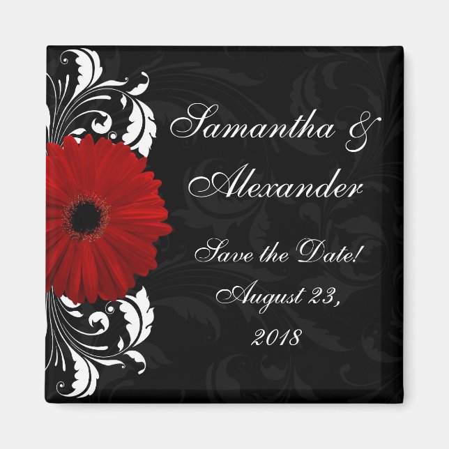 Red+Black+White Gerbera Daisy Save the Date Magnet (Front)