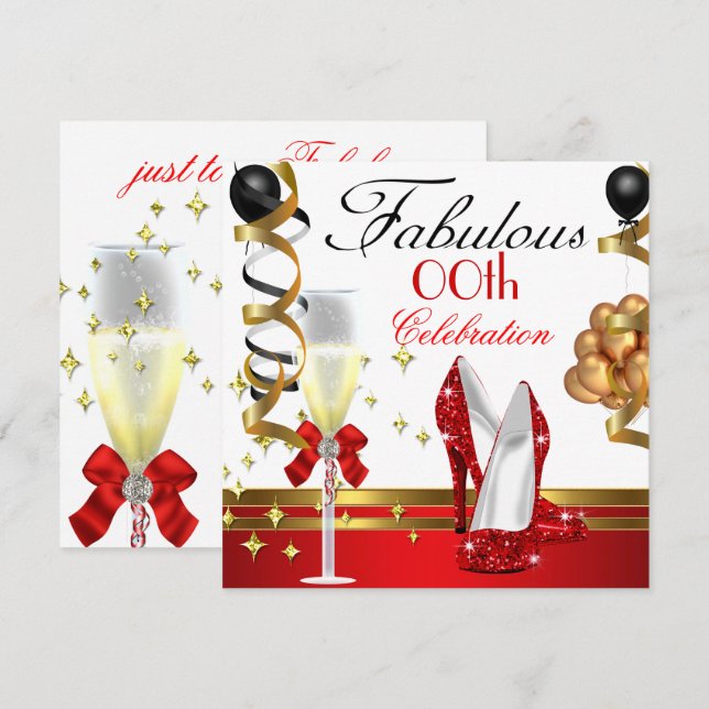 Red Black White Gold Fabulous Birthday Party Invitation (Front/Back)