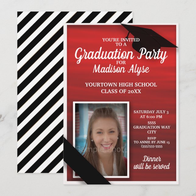 Red Black White Graduation Party Photo Invitation (Front/Back)