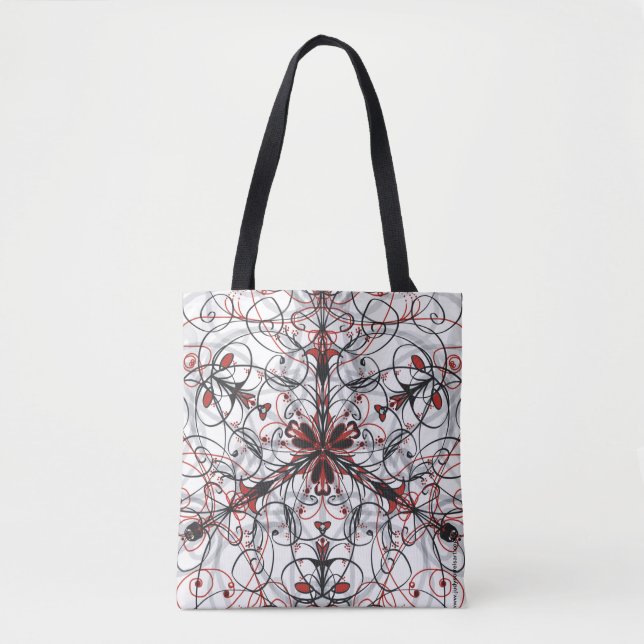 Red, Black, White & Grey Kaleidoscope Tote Bag (Front)