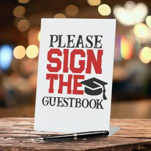 Red, Black & White Guestbook Graduation Table Pedestal Sign