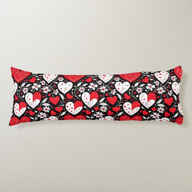 Red, Black & White Hearts and Flowers Body Cushion (Front)