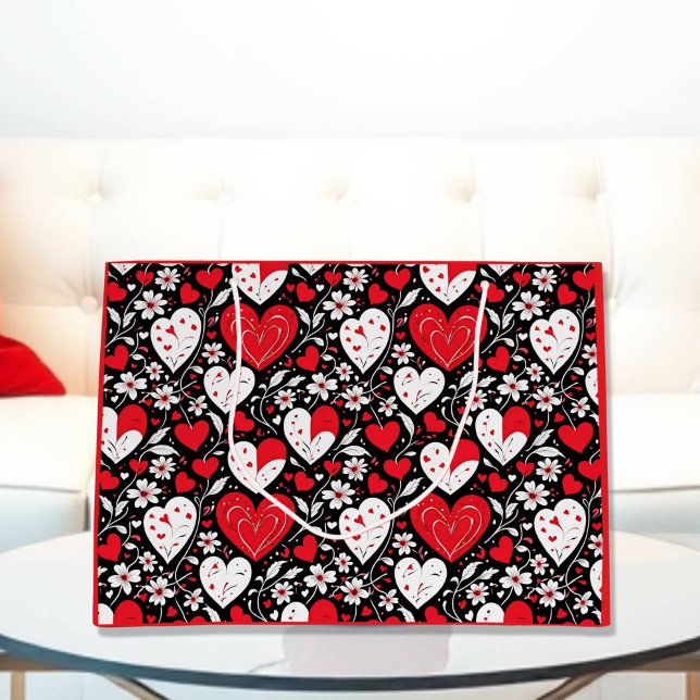 Red, Black & White Hearts and Flowers Large Gift Bag (Creator Uploaded)