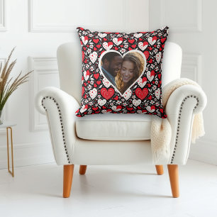 Red, Black & White Hearts and Flowers Personalised Cushion