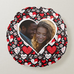Red, Black & White Hearts and Flowers Personalised Round Cushion