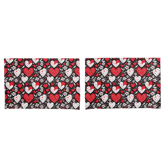 Red, Black & White Hearts and Flowers Pillowcase (Front-Set)