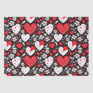 Red, Black & White Hearts and Flowers Tissue Paper