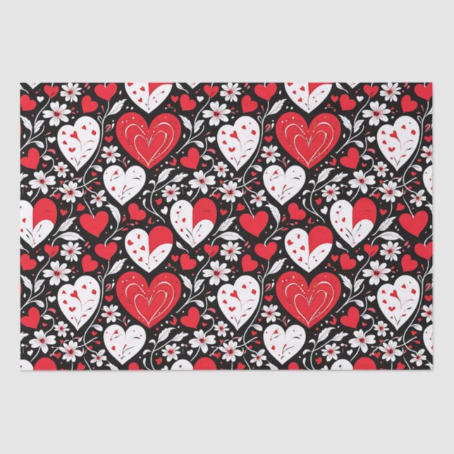 Red, Black & White Hearts and Flowers Tissue Paper (Front)