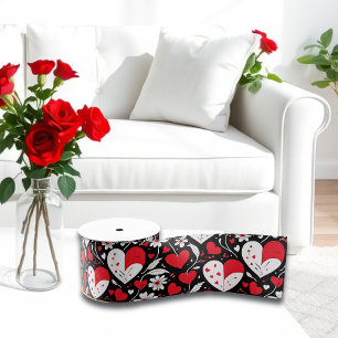 Red, Black & White Hearts and Flowers Valentine's Grosgrain Ribbon