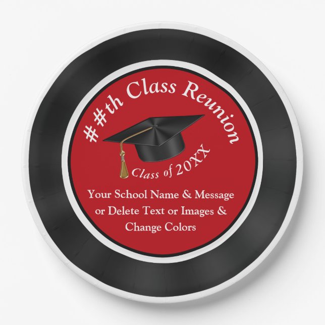 Red Black White High School Reunion Party Supplies Paper Plate (Front)