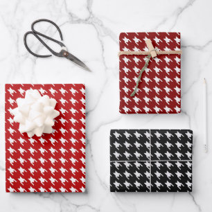 Red & Black White Houndstooth Wrapping Paper Sheet
