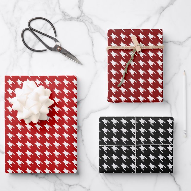 Red & Black White Houndstooth Wrapping Paper Sheet (Front)