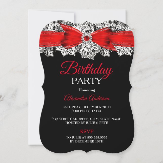 Red black white Lace Bow birthday party Invitation (Front)