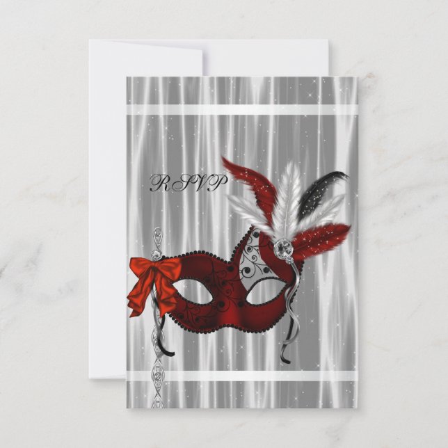 Red Black White Masquerade Party RSVP Card (Front)