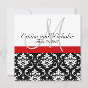 Red Black White Monogram Damask Wedding Invite