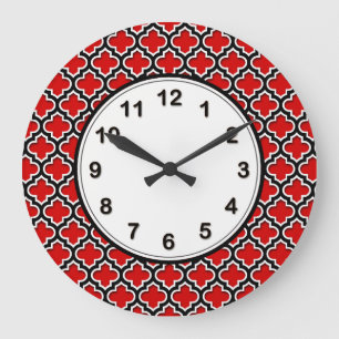Red Black White Moroccan Quatrefoil Pattern #5DS Large Clock