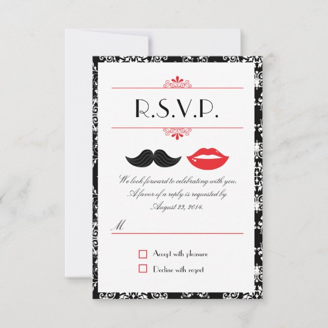 Red, Black & White Moustache & Lips Damask RSVP (Front)