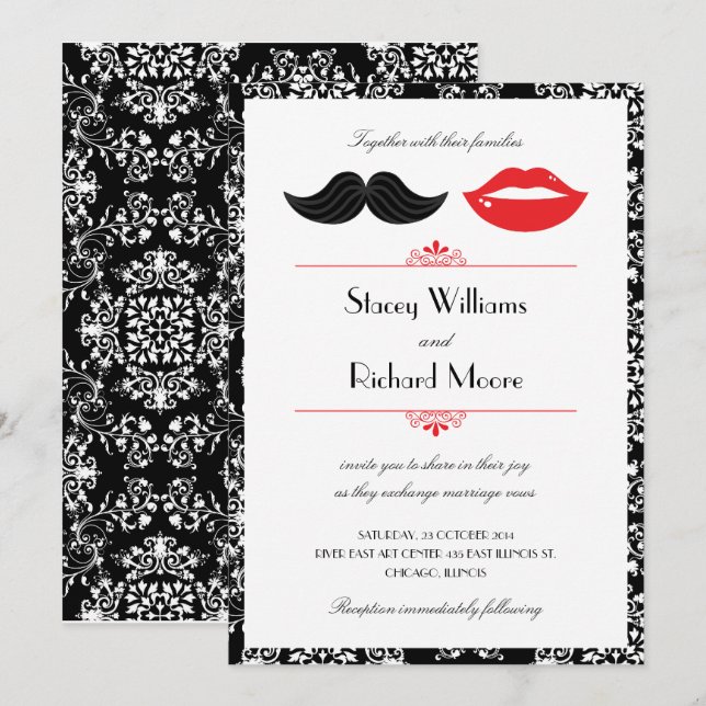 Red, Black & White Moustache & Lips Damask Wedding Invitation (Front/Back)