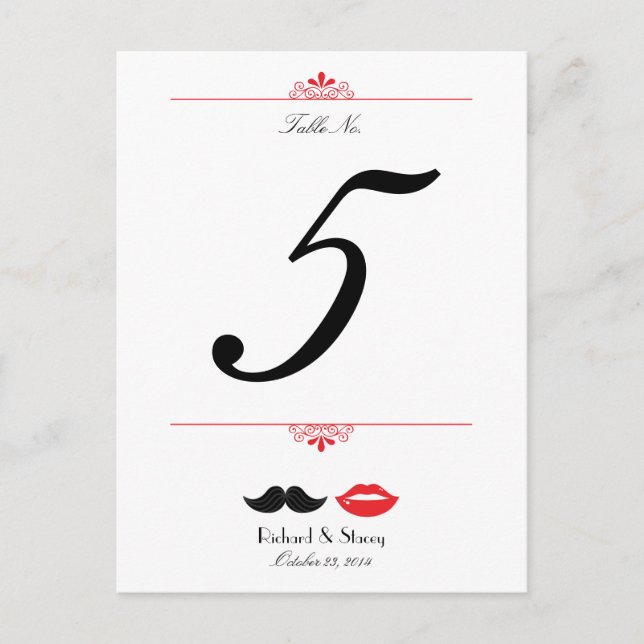 Red, Black & White Moustache & Lips Damask Wedding Postcard (Front)