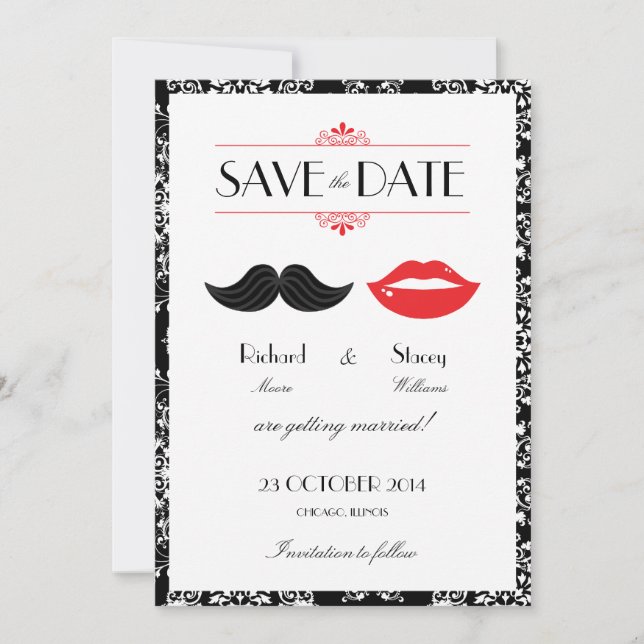 Red, Black & White Moustache & Lips Damask Wedding Save The Date (Front)