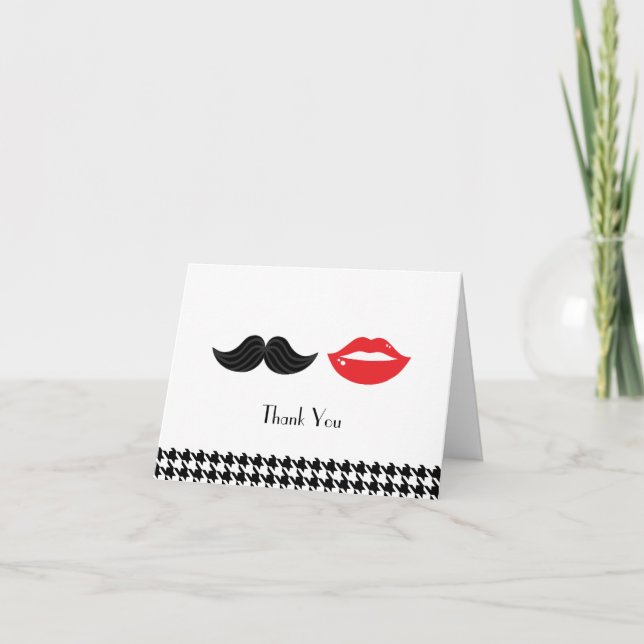 Red, Black & White Moustache & Lips Houndstooth We Thank You Card (Front)