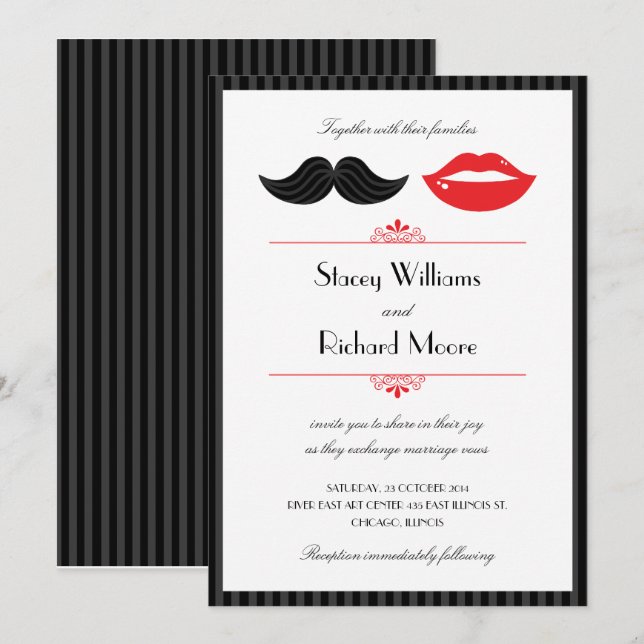 Red, Black & White Moustache & Lips Wedding Invitation (Front/Back)