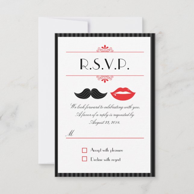 Red, Black & White Moustache & Lips Wedding RSVP Card (Front)
