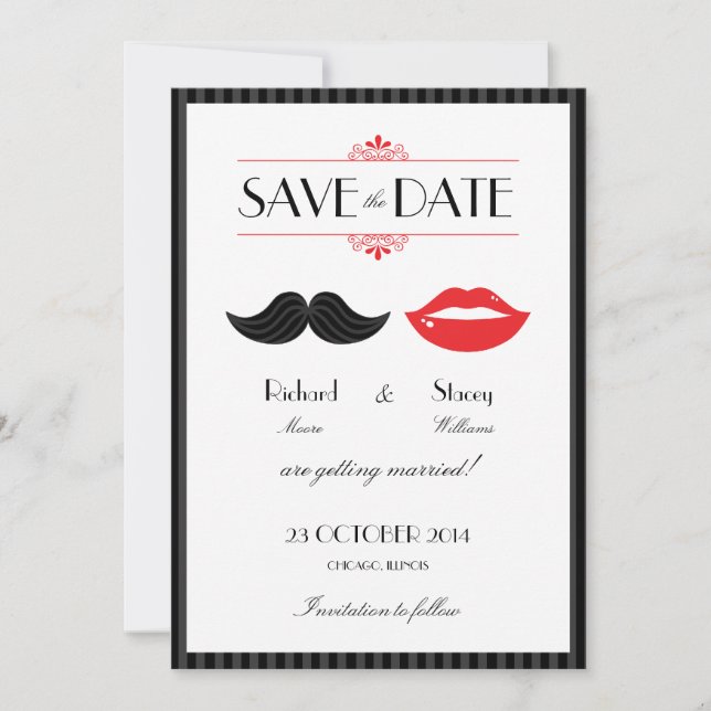 Red, Black & White Moustache & Lips Wedding Save The Date (Front)