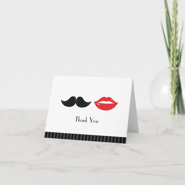 Red, Black & White Moustache & Lips Wedding Thank You Card (Front)
