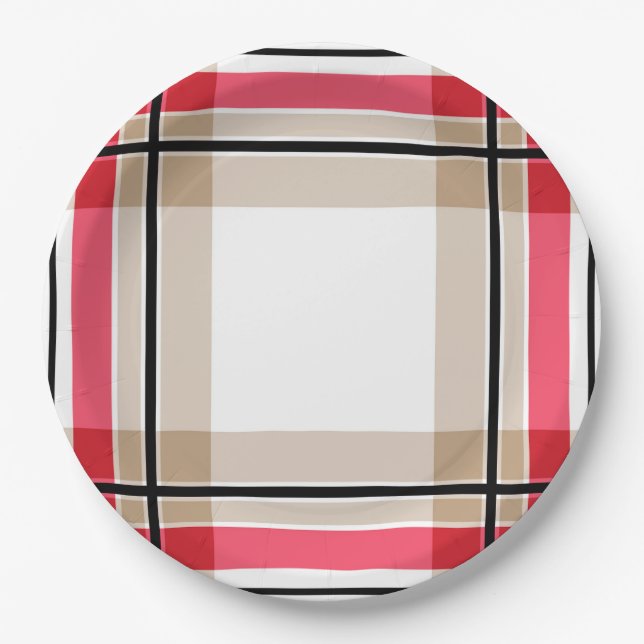 Red black white plaid paper plate (Front)