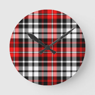 Red Black White Plaid Tartan Pattern Design Round Clock