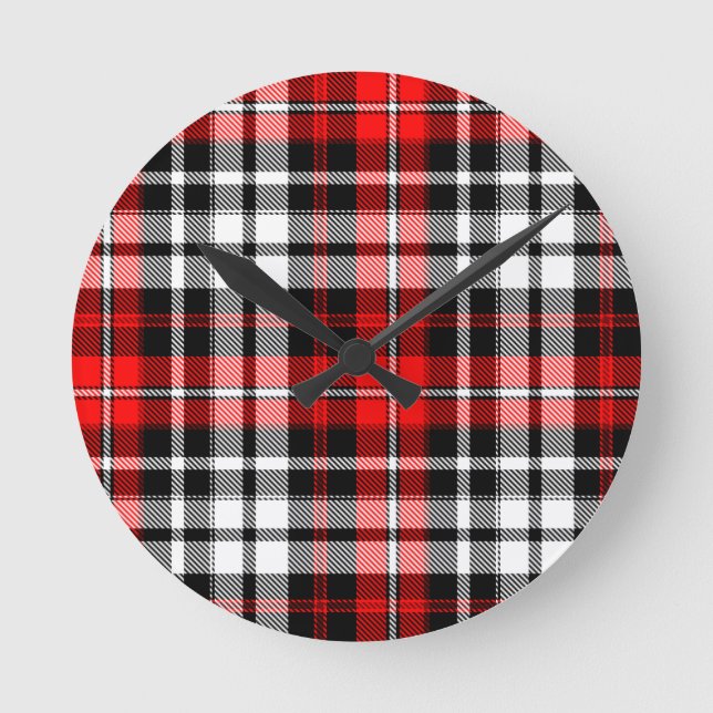 Red Black White Plaid Tartan Pattern Design  Round Clock (Front)