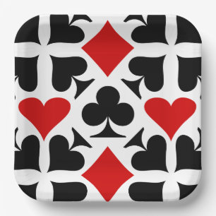 Red, Black & White Playing Card Symbols Pattern Paper Plate